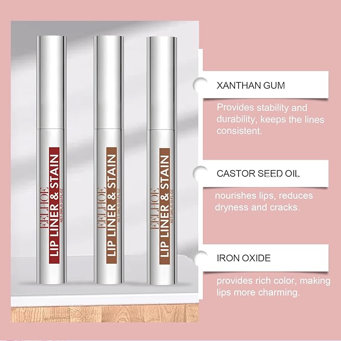 Peel Off Lip Stain Tattoo Set, 3 Colors Peel Off Lip Liner, Removable Lip Liner Set, Matte Finish Waterproof Lip Liner Pencil, Transfer-proof Peel Off Lip (3Colors/Set, B)