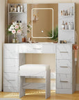 Vanity Desk with Mirror, Stool, Touch LED Light and Power Outlet Makeup Vanity Table with 7 Drawers and 6 Storage Shelves Dressing Table for Bedroom Dressing Room