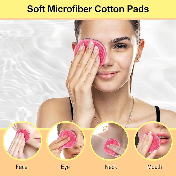 Nugilla 18 Packs Reusable Makeup Remover Pads with a Washable Laundry Bag, Resuable Microfiber Round Towel Skin Face Towels, Soft Makeup Remover Cloth, Fast Drying Washcloth (Pink)