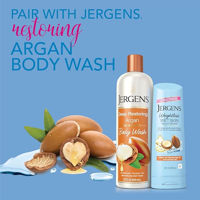 Jergens Wet Skin Body Moisturizer with Restoring Argan Oil, 4X Healthier Looking Skin, Fast-Absorbing, Non-Greasy, Dermatologist Tested, 10 Oz, Pack of 4