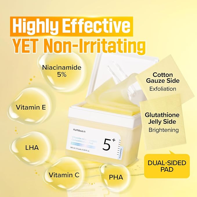 numbuzin No.5 Toner Pads | Vitamin-Niacinamide Concentrated Pad | Double-Sided | Glutathione, Niacinamide, PHA & LHA | Exfoliation, Hyperpigmentation Care | 70 Pads/180 ml