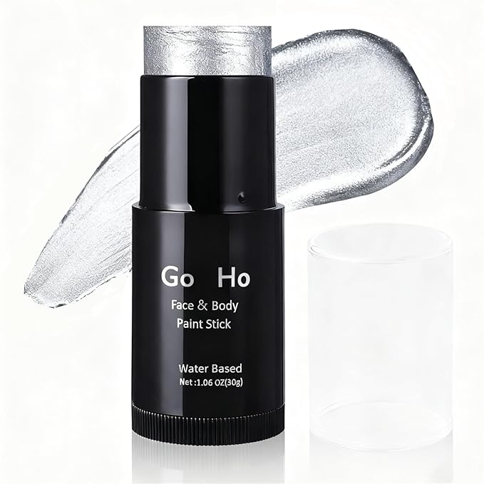 Go Ho Pearl Silver Face Body Paint Stick,Water Based Washable Face Paint Stick,Non-toxic Full-coverage Cream Silver Body Paint for Adults Children Halloween Cosplay SFX Makeup