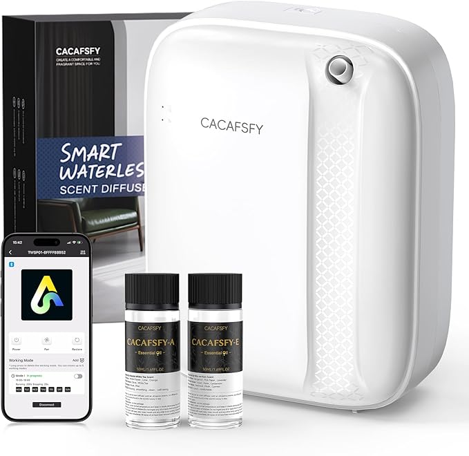 Waterless Essential Oil Diffuser,(Two 50ml Fragrances Included) 2000 Sq.Ft Coverage 400ml Capacity Hotel Scent Diffuser,Cold Air Tech, App & Button Control,Scent Diffusers for Home Large Room (White)