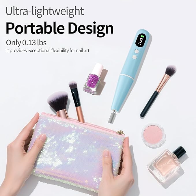 Electric Nail Drill Kit Professional - 9 Speed Cordless Electric Nail File with LED Display, Portable Nail Drill Machine for Acrylic Gel Nails, Hand Feet Trimmer Buffer Tool for Women Men Baby Blue