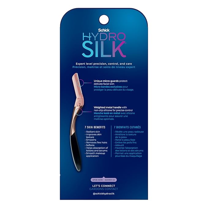 Schick Hydro Silk Dermaplaning Wand, Dermaplaning Tool for Face | Dermaplane Razor for Women Face, Eyebrow Razor, Peach Fuzz Remover, Includes 1 Weighted Metal Handle with 6 Refill Blades