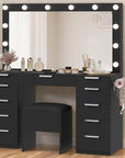 DWVO Vanity Desk Set with Large Mirror & 3-Color Light Bulbs, Wide Top Makeup Vanity with Charging Station, 11 Drawers, and Storage Bench