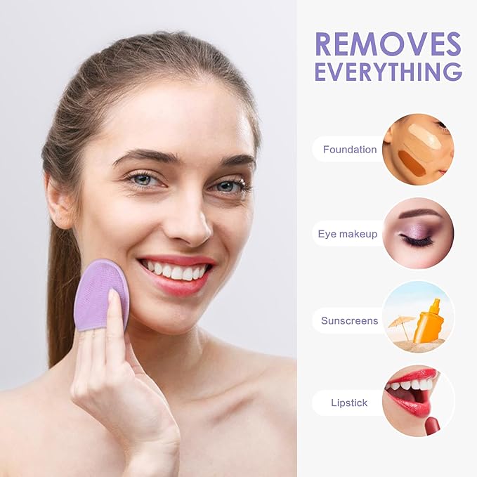 SUNLAND Reusable Makeup Remover Pads for Face,Eye,Lips 16 Pack Microfiber Face Cleansing Gloves Washable with Laundry Bag and Travel Bag Rounds Toner Pads（Round 3.15inchx16 Purple）