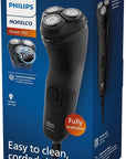 Philips Norelco Shaver 1100 Series, Dry Electric Shaver, 27 Self-Sharpening ComfortCut Blades, 4D Floating Heads, P-Cap, Deep Black, Model S1016/90