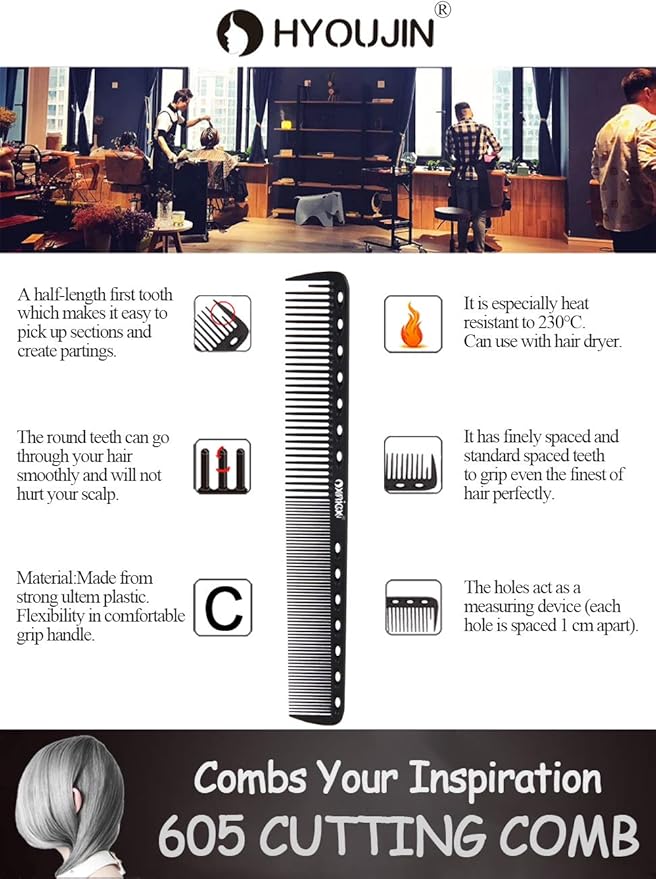 HYOUJIN 605 Black Carbon Fine Cutting Comb 230℃ Heat Resistant Hairdressing Comb Master Barber Combs with fine tooth-14 holes for cutting and hairstyling