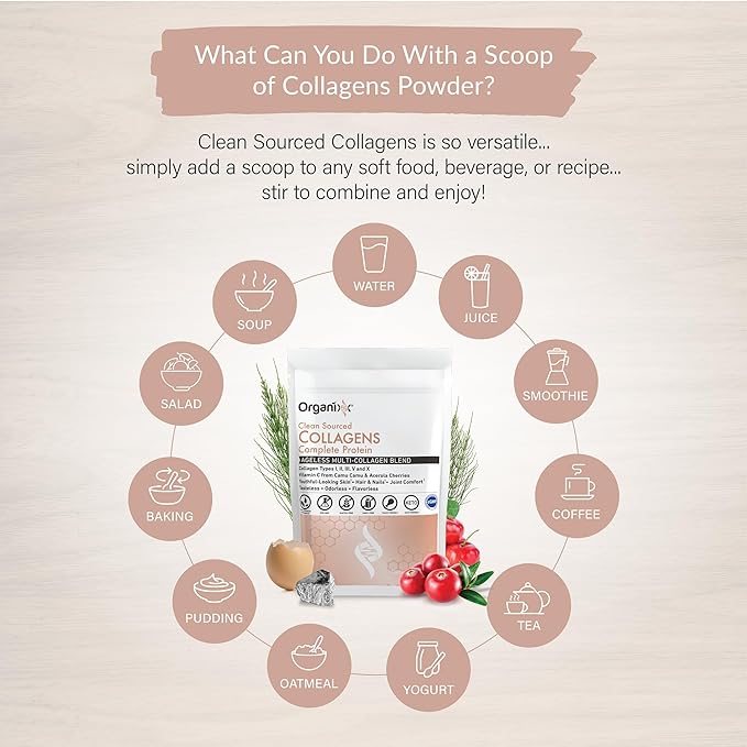 Organixx Collagen Peptides Powder with Vitamin C, Types I, II, III, V, X Hydrolyzed Collagen, Hair, Nail, Skin, Bone & Joint Health, Aging Support, Clean Sourced, Gluten Free, Unflavored, 20 Servings