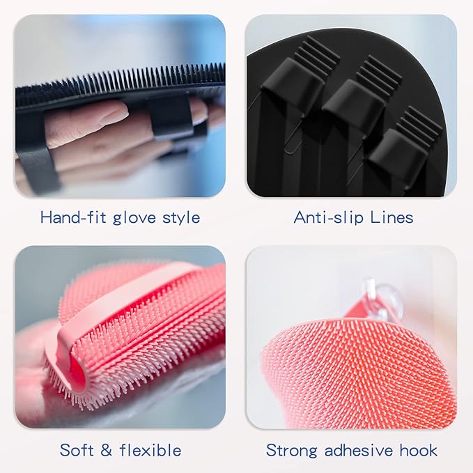 Manmihealth Silicone Hair Scalp Massager & Soft Bath Glove Set 2 PCS, Extra-large Shampoo Scalp Brush with Body & Face Scrubber for All Hair Skin Types with a Free Silicone Strap&Hook Style 2(Black*2)