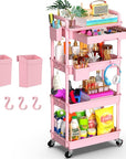 Goovilla 4 Tier Rolling Utility Cart Organizer with Removable Drawer, Stable and Sturdy Pink Rolling Storage Carts with 2 Lockable Wheels for Bathroom, Kitchen, Snack, Craft, Makeup, Baby Essentials