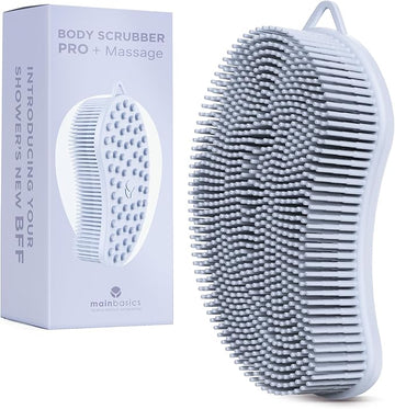 MainBasics Silicone Body Scrubber – Dual-Sided Shower Scrubber with Massage Nodes, Silicone Loofah Alternative for Deep Clean (Frosted Sky, Massage)