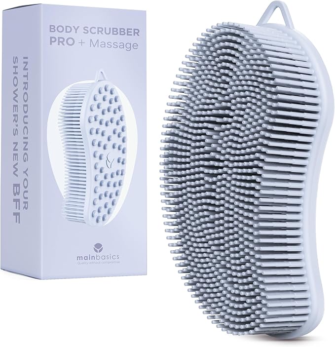 MainBasics Silicone Body Scrubber – Dual-Sided Shower Scrubber with Massage Nodes, Silicone Loofah Alternative for Deep Clean (Frosted Sky, Massage)