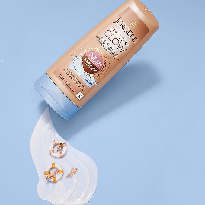 Jergens Natural Glow In Shower Lotion, Self Tanner for Medium to Deep Skin Tone, Sunless Tanning Wet Skin Lotion for Gradual, Flawless Color, 7.5 Ounce (Packaging May Vary)