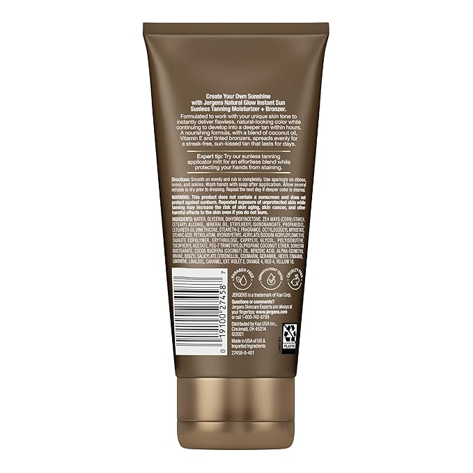 Jergens Natural Glow Instant Sun Self Tanner Moisturizer + Bronzer, Lightweight Sunless Tanner Moisturizer for a Sunkissed Natural Glow, Light Bronze, 6 Ounce