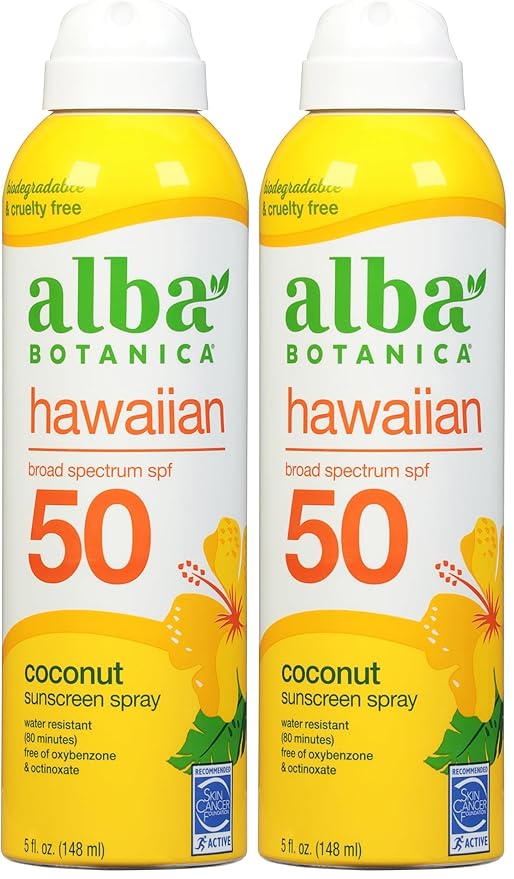 Alba Botanica Sunscreen Spray for Face and Body, Broad Spectrum SPF 50 Sunscreen, Hawaiian Coconut, Water Resistant and Biodegradable, 5 fl. oz. Bottle (Pack of 2)