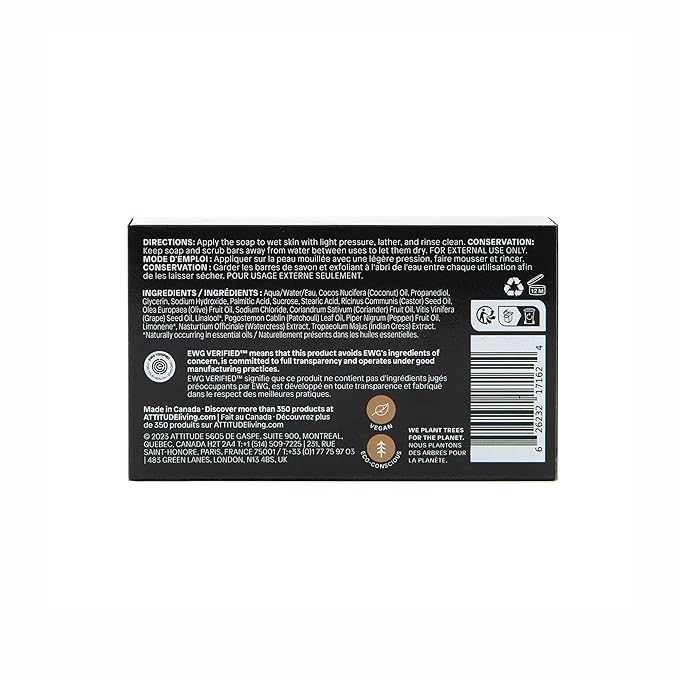 ATTITUDE Bath and Shower Body Soap Bar, EWG Verified, Plastic-free, Plant and Mineral-Based Ingredients, Vegan and Cruelty-free Personal Care Products, Patchouli and Black Pepper, 4 Ounces (Pack of 2)
