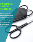 Facial Hair Small Grooming Scissors For Men Women - Eyebrow, Nose Hair, Mustache, Beard, Eyelashes, Ear Trimming Kit - Curved and Rounded Safety Tip Clippers For Hair Cutting 2PCS With Cover Black