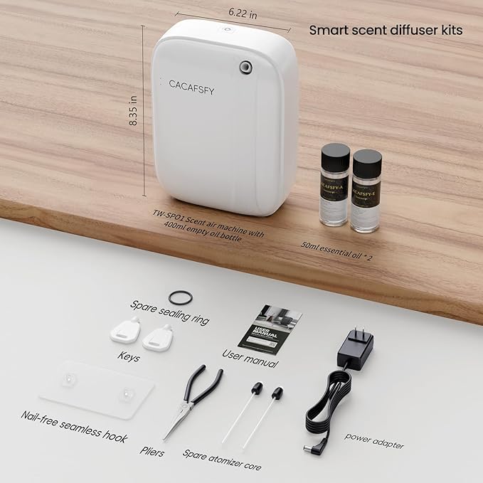 Waterless Essential Oil Diffuser,(Two 50ml Fragrances Included) 2000 Sq.Ft Coverage 400ml Capacity Hotel Scent Diffuser,Cold Air Tech, App & Button Control,Scent Diffusers for Home Large Room (White)