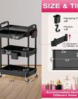 Goovilla Rolling Makeup Organizer Cart with Removable Drawer, 3 Tier Stable Black Floor Skincare Storage Cart for Vanity, Cosmetic Display, Nail Polish, Perfume, Hair Stuff, Beauty, Bathroom(Plastic)