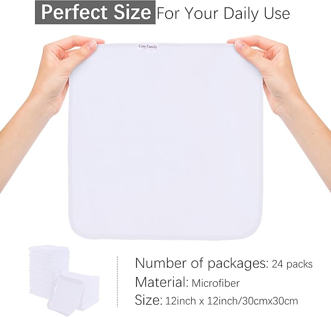 Cosy Family 24 Pack Soft Washcloths Set - 12 x 12 inches, Quick Drying - Highly Absorbent Coral Velvet Fingertip Towel Bathroom Wash Clothes for Bath, Spa, Facial, Kitchen - White
