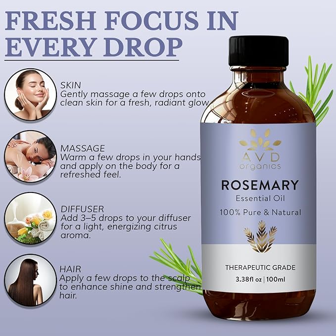 Rosemary Oil for Hair Growth | 100% Pure and Natural Rosemary Essential Oil | for Lotion Diffuser Skin & Hair | 3.38 fl. Oz