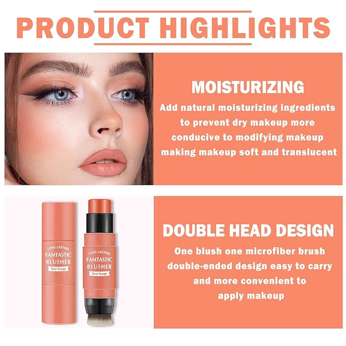Cream Blush Stick with Brush,Waterproof Blush Makeup,Long Lasting Coral Orange