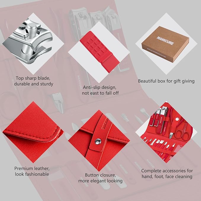 Manicure Set Professional Nail Clippers Pedicure Kit, 16 pcs Stainless Steel Nail Care Tools Grooming Kit with Luxurious Travel Leather Case for Thick Nails Men Women Gift (Red)