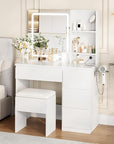 Makeup Vanity Desk with Lighted Mirror, Dressing Table Set with 4 Drawers, Power Outlet, Storage Stool, Storage Shelves, Vanity Mirror 3 Lighting Color Adjustable, Vanity Set for Bedroom, White