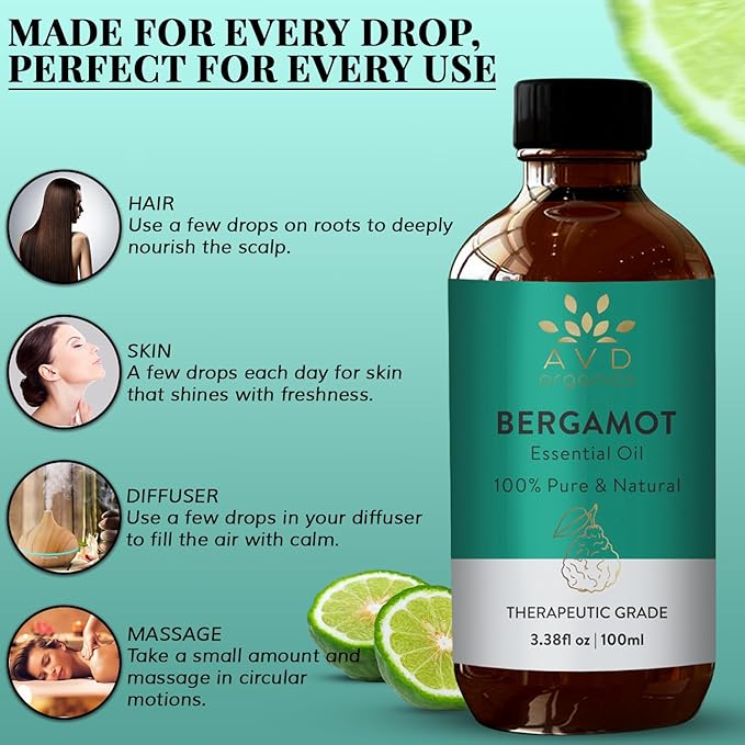 Bergamot Essential Oil for Diffuser | 100% Pure & Natural Bergamot Oil | for Skin Aromatherapy Home Fragrance Soap & Candle Making| 3.38 fl. Oz