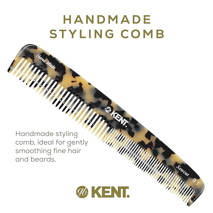 Kent 9T Fine Tooth and Wide Tooth Detangler Comb - Large Handmade Saw-Cut Dressing Comb for Wet Hair and Durable Grooming for Men and Women - Made in England