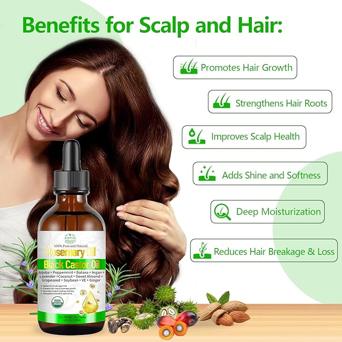 Rosemary & Castor Hair Growth Oil – USDA Certified Organic Cold Pressed Blend Castor oil for Thicker, Fuller Hair, Soothe Itchy Scalp & Repair Damaged Hair – 4 fl oz
