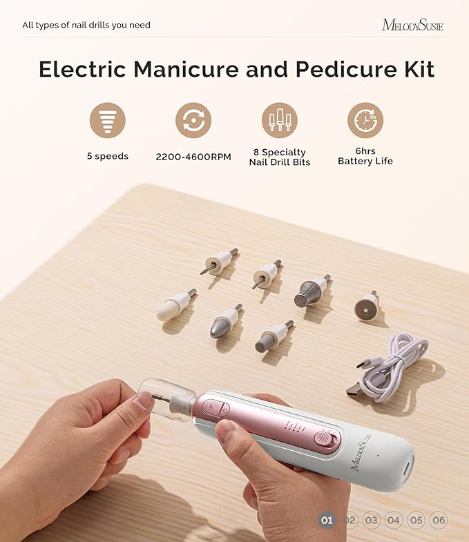 MelodySusie Professional Manicure Pedicure Kit,8-in-1 Electric Nail Drill Set with 5 Speeds,Rechargeable Cordless E-File with 360° LED Light,Perfect Hand Foot Care Trimmer Polish Tools - PC760G