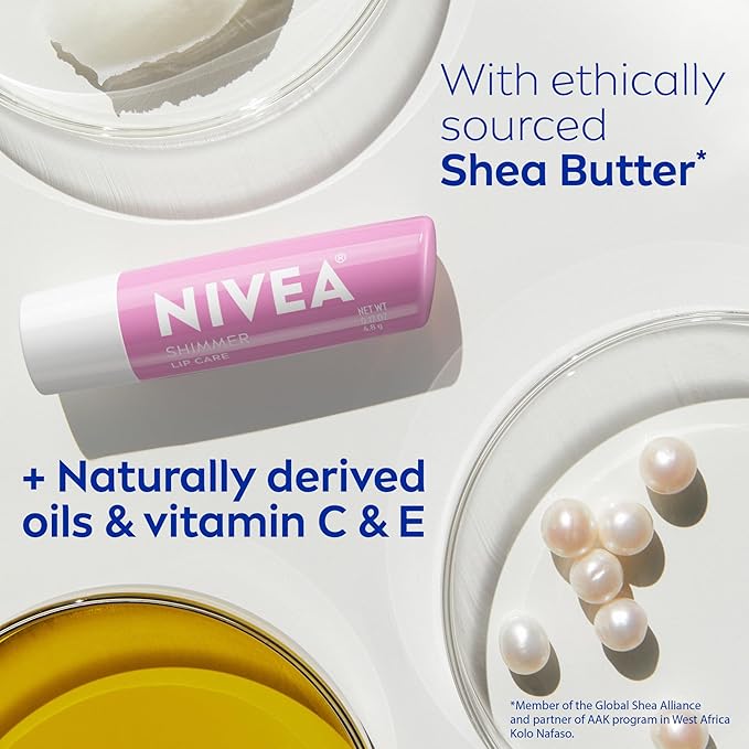 NIVEA Shimmer Lip Care, Shimmer Lip Balm with Shea Butter, Nourishing Oils and Vitamin C & E, 3-in-1 Moisture, Repair (for Dry Lips) and Shimmer, 0.17 Oz Stick