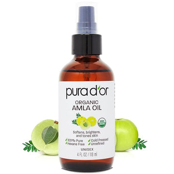 PURA D'OR 4 Oz ORGANIC Amla Oil, 100% Pure USDA Certified Premium Grade, Cold Pressed, Unrefined, Extra Virgin, Hair Serum & Thickening Hair Product w/Pump for Women & Men