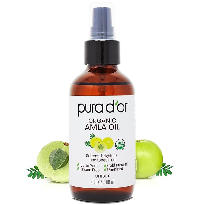 PURA D'OR 4 Oz ORGANIC Amla Oil, 100% Pure USDA Certified Premium Grade, Cold Pressed, Unrefined, Extra Virgin, Hair Serum & Thickening Hair Product w/Pump for Women & Men