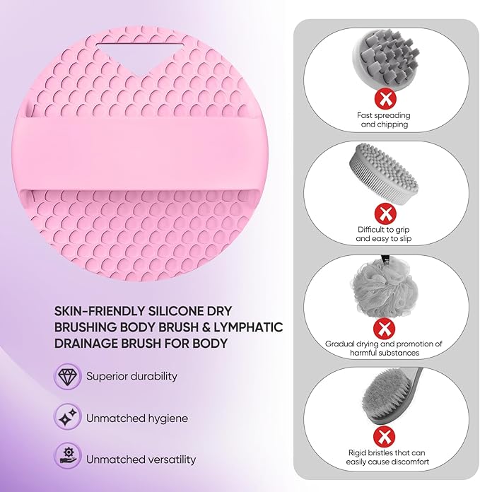Lymphatic Drainage Silicone Body Scrubber for Shower - Exfoliating Silicone Loofah with Zinc Infused and Stiff Massage Nodes，for Improving Skin Health and Reduces Acne -Pink