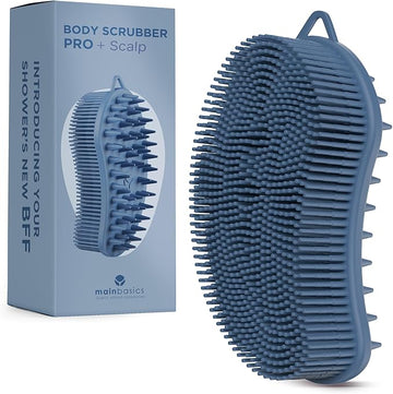 MainBasics Silicone Body Scrubber – Dual-Sided Shower & Scalp Scrubber, Gentle Silicone Loofah Alternative for Deep Clean (Dark Blue, Scalp)