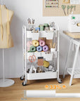 3 Tier Rolling Cart Metal with Wheels, White Three Tiered Storage Cart on Wheels, Utility Trolley Carts Organizer for Kitchen Storage, Pantry, Snack, Craft, Art, Lash, Makeup, Bathroom, Dorm Supply
