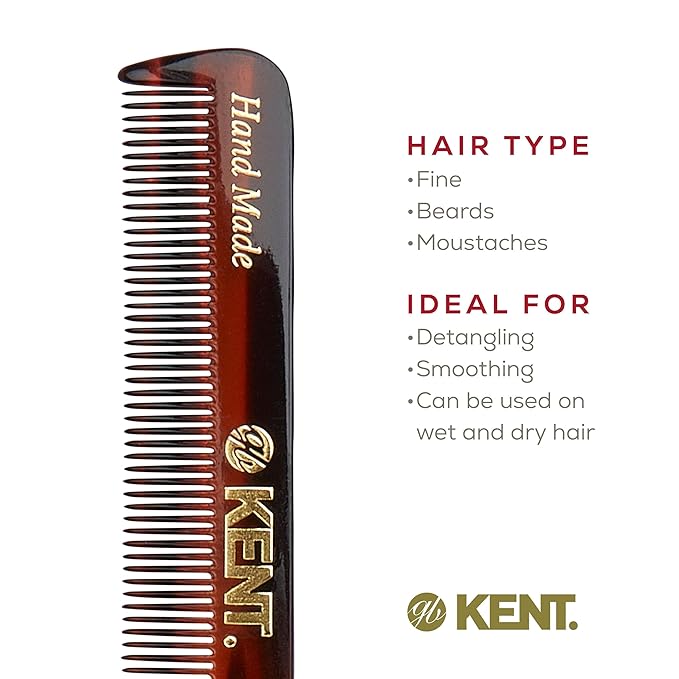 Kent Slim Jim Handmade All Fine Tooth Pocket Comb for Men, Hair Comb Straightener for Everyday Grooming Styling Hair, Mustache and Beard, Use Dry or with Balms, Saw Cut Hand Polished, Made in England