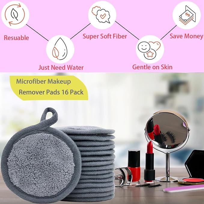 Reusable Makeup Remover Pads 16 Pack Microfiber Cleansing Facial Rounds Wipes Face, Eyes, Lips（3.5inch, grey）