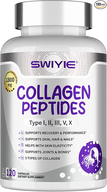 Multi Collagen Peptides Capsules 1800mg, Hydrolyzed Collagen Supplements for Women & Men with Types I, II, III, V & X, Collagen Protein Supports Skin Nails Bones & Joints | 120 Count