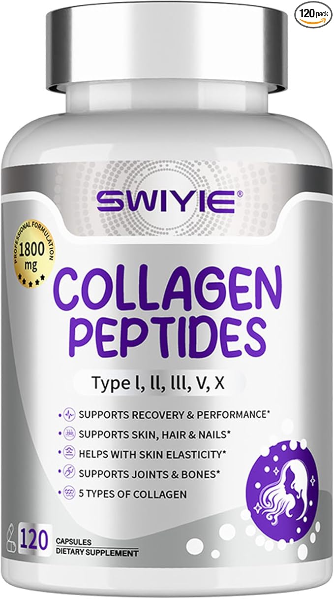 Multi Collagen Peptides Capsules 1800mg, Hydrolyzed Collagen Supplements for Women & Men with Types I, II, III, V & X, Collagen Protein Supports Skin Nails Bones & Joints | 120 Count