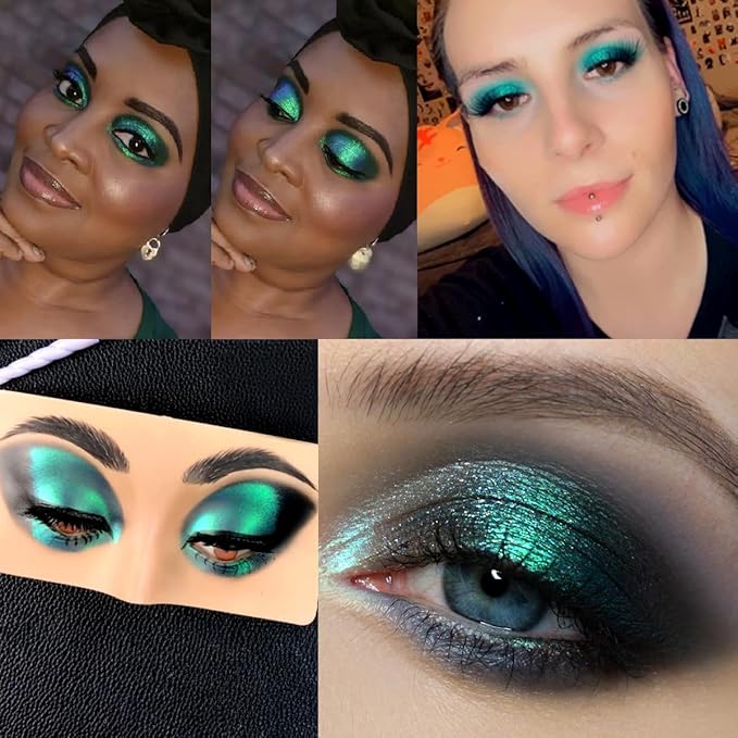 DE'LANCI Duo Chrome Green Eyeshadow Single, Multichrome Green Glitter Eye Shadow Intense Pigmented, Metallic Emerald Shimmer Blue Peacock Teal Eyeshadow for Festival Everyday Eyes Makeup, Long-Lasting