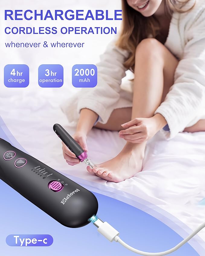Manicure Pedicure Kit for Women Men: Eletorot Professional Electric Nail File Set, 5 Speeds Rechargeable Cordless Toe Nail Grinder Cuticle Tools for Feet Care, Gifts for Dad Boyfriend Grandpa Son