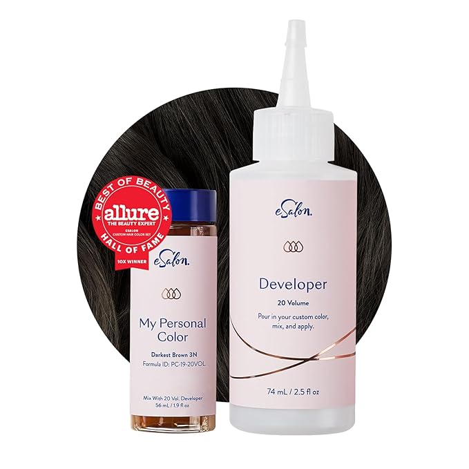 eSalon Permanent Hair Color & Hair Dye Complete Kit - Darkest Brown - Personal Colorist for Up To 100% Gray Coverage, All Hair Types - Professional-Grade Ammonia-Free