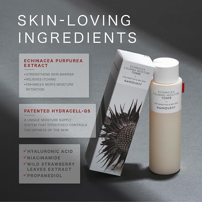 RAWQUEST- Echinacea Korean Toner for Face for Deep Hydration, Instant Moisture, Soothing, Anti-Aging & Dermatologist Tested w/Hyaluronic Acid & Niacinamide | Korean Skin Care for Dry & Sensitive Skin