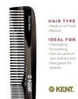 Kent 9T Black Graphite Fine Tooth and Wide Tooth Detangler Comb - Large Handmade Dressing Comb for Wet Hair and Durable Grooming, Hand Polished, Saw-Cut Made in England