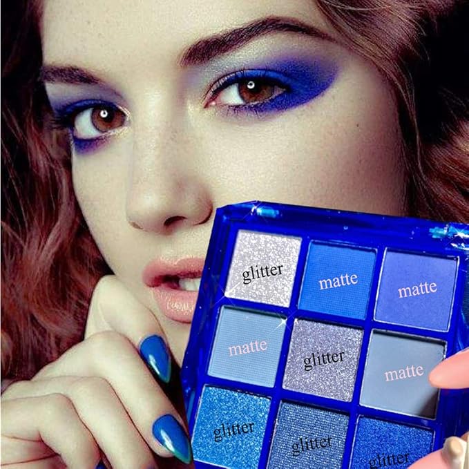 9-Color Glitter Matte Eyeshadow Palette, Silver Grey, Light Blue, Highly Pigmented Waterproof Corpse Bride Makeup for Blue Eyes